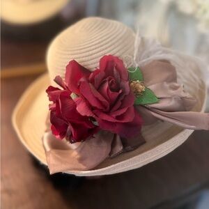 Gorgeous Flower, Feather & Satin Trimmed Slouchy Hat